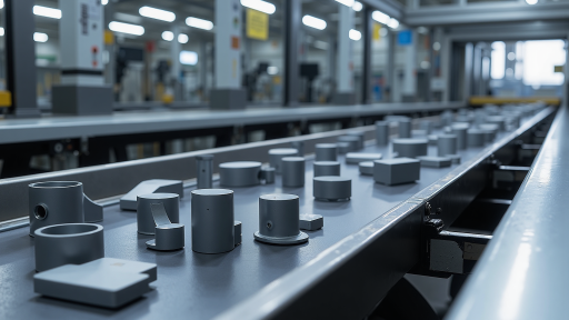 Detailed view of precision manufacturing process, machinery assembly line, blue industrial environment