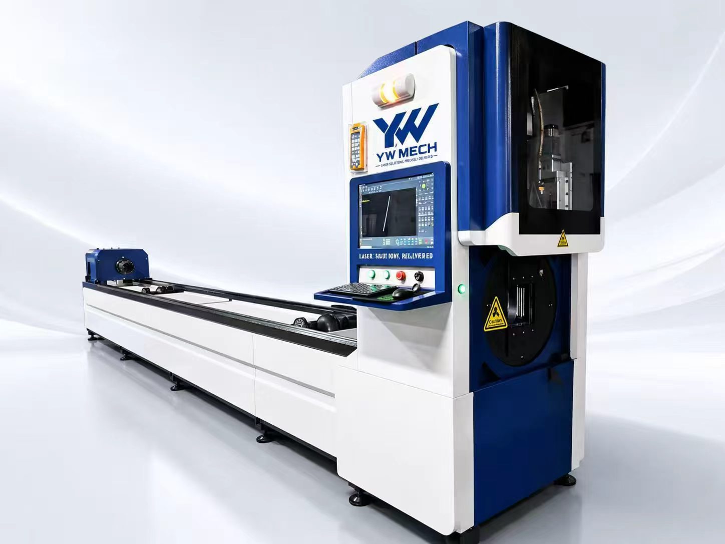 Industrial laser cutting machine with metal frame, modern design, blue accents, professional lighting