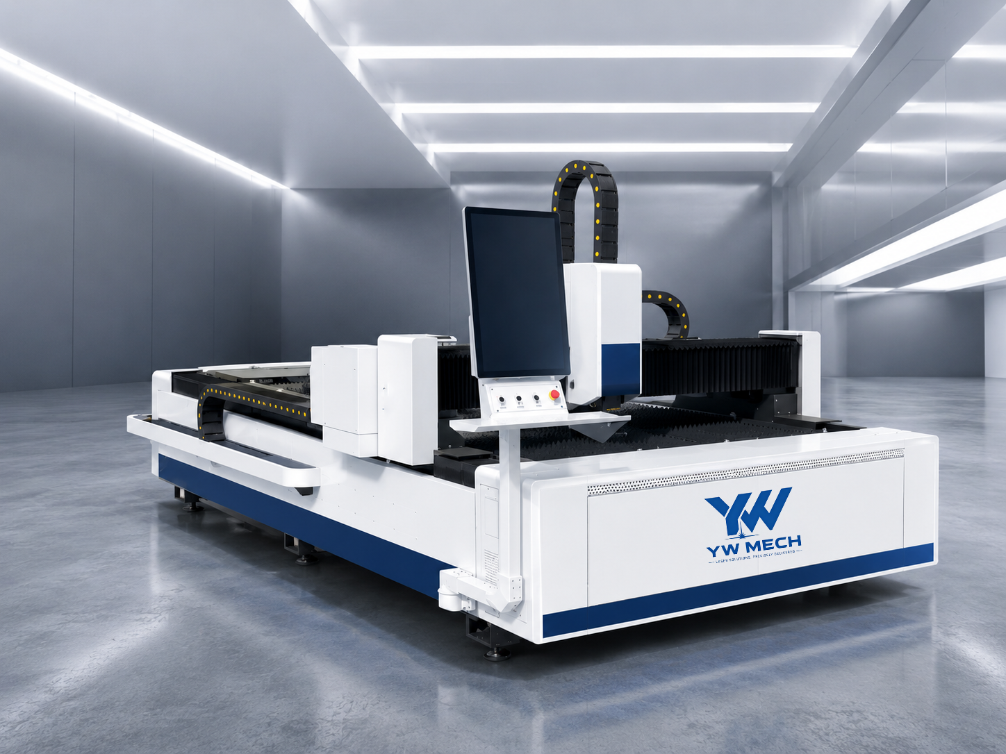 Compact laser cutting device with control panel, silver metallic finish, blue operational lights