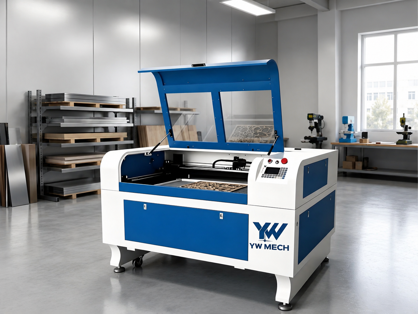 Set of precision laser cutting nozzles and lenses, organized on white surface, close-up view